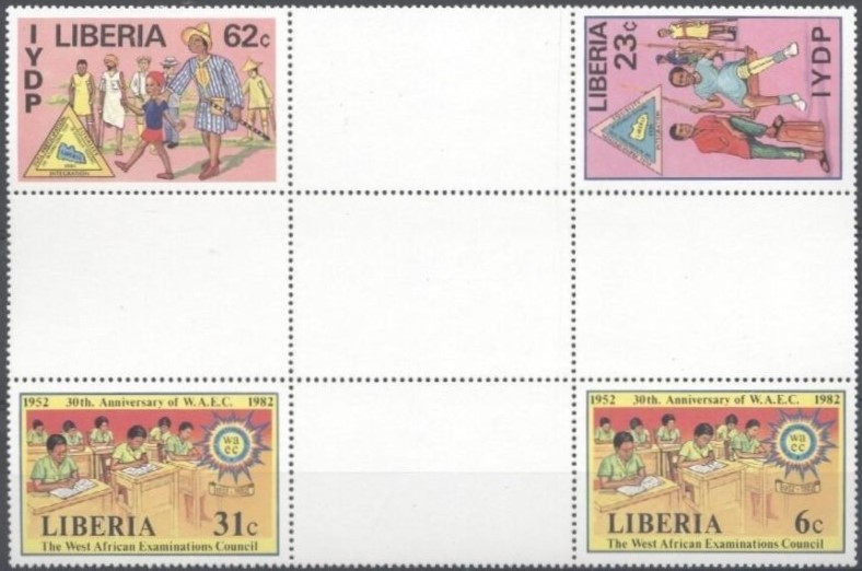 Liberia 1982 International Year of the Disabled and WAEC Combo Crossgutter Block Liberia 1982 International Year of the Disabled and WAEC Combo Crossgutter Block